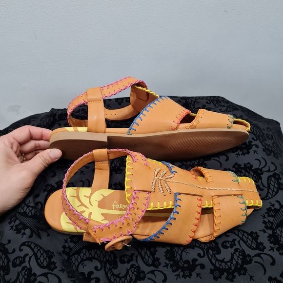 Farm Rio Caramel Palm Tree Strap Sandals NWOT Women's US 9 Bohemian Leather - Picture 10 of 14